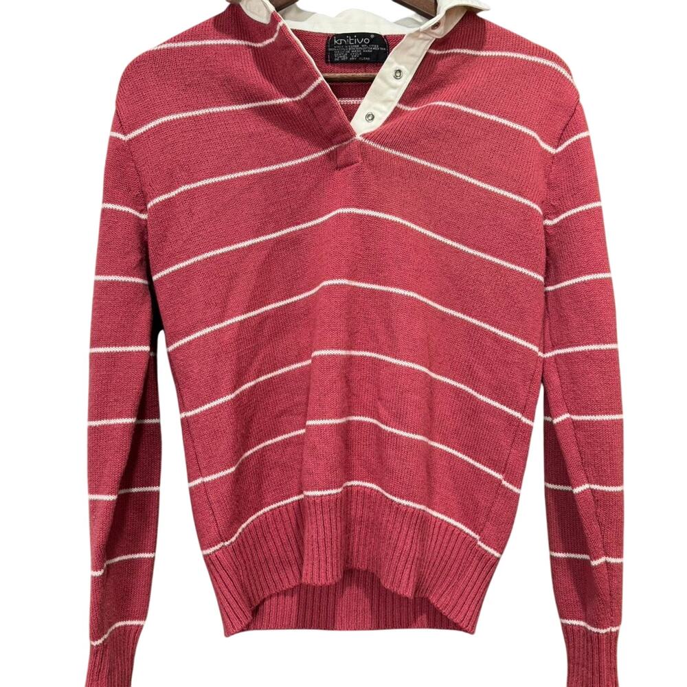 Women's Vintage “Knitivo” Pink & White Striped Cream Collared Sweater